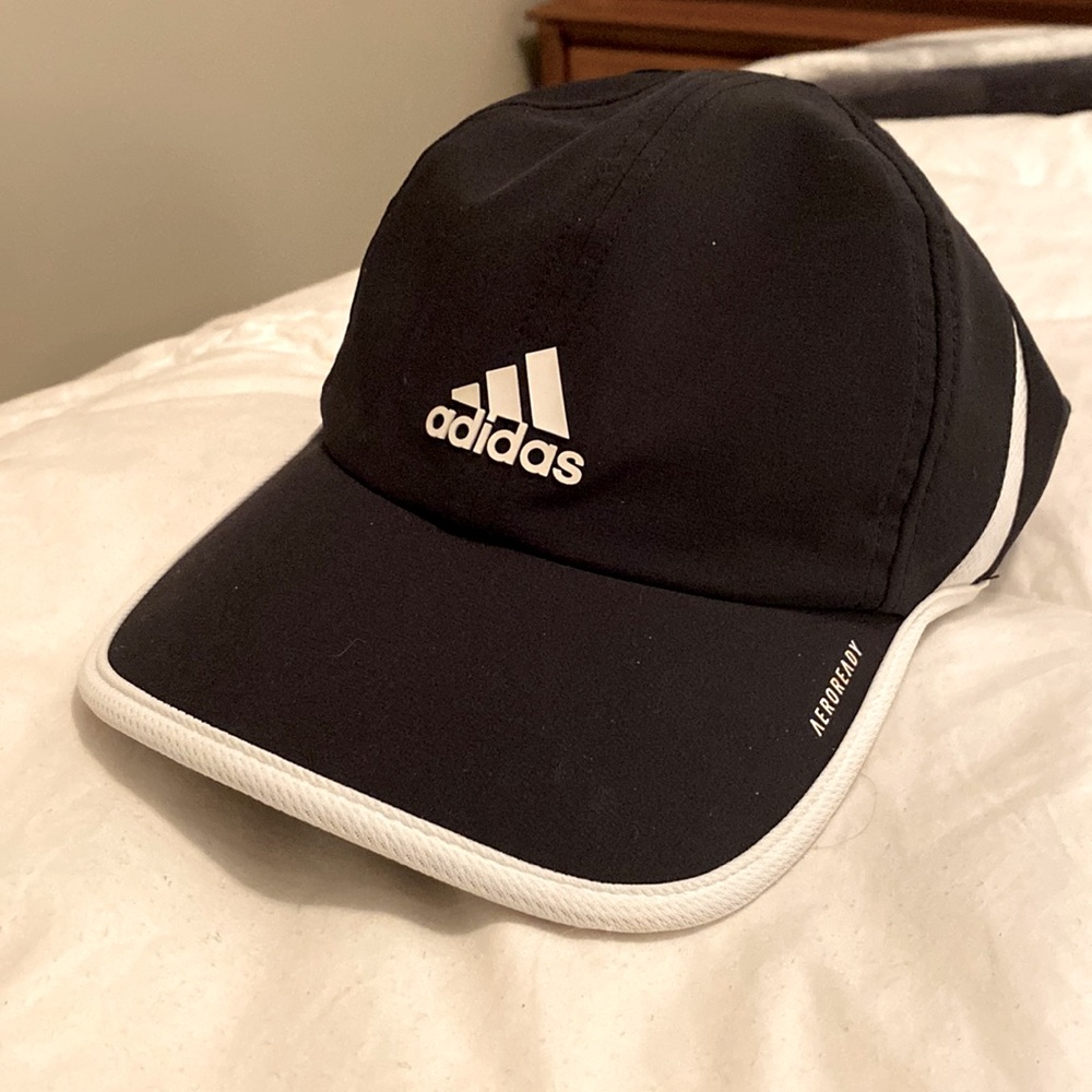 Adidas – black hat with white trim. Velcro adjuster in the back.